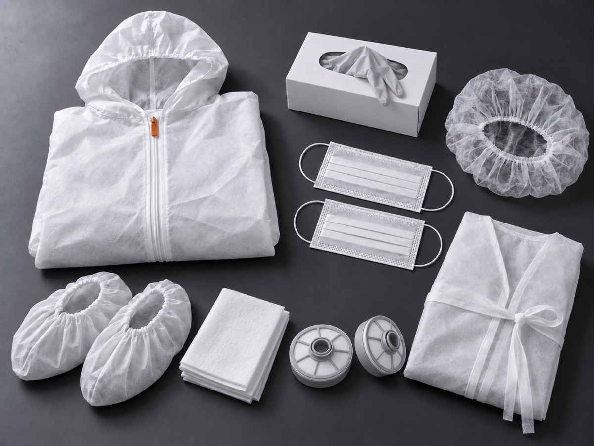 Equipo desechable: mono con capucha, bata, gorro, mascarillas, cubrecalzado, guantes y filtros.