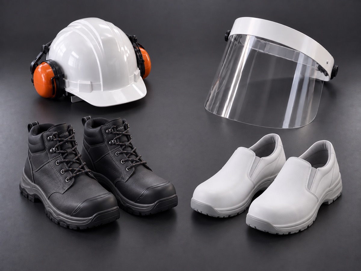 Equipos de protección individual: casco con orejeras, pantalla facial, botas de seguridad y calzado sanitario.