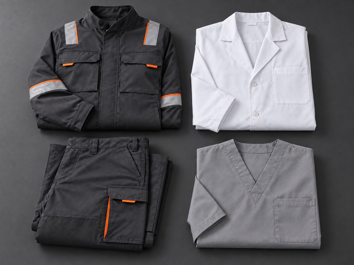 Prendas de trabajo dobladas: chaqueta y pantalón técnicos con bandas reflectantes, bata blanca y casaca sanitaria.